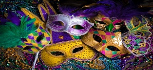 purple, yellow, and multicolor carnival masks with feathers and glider